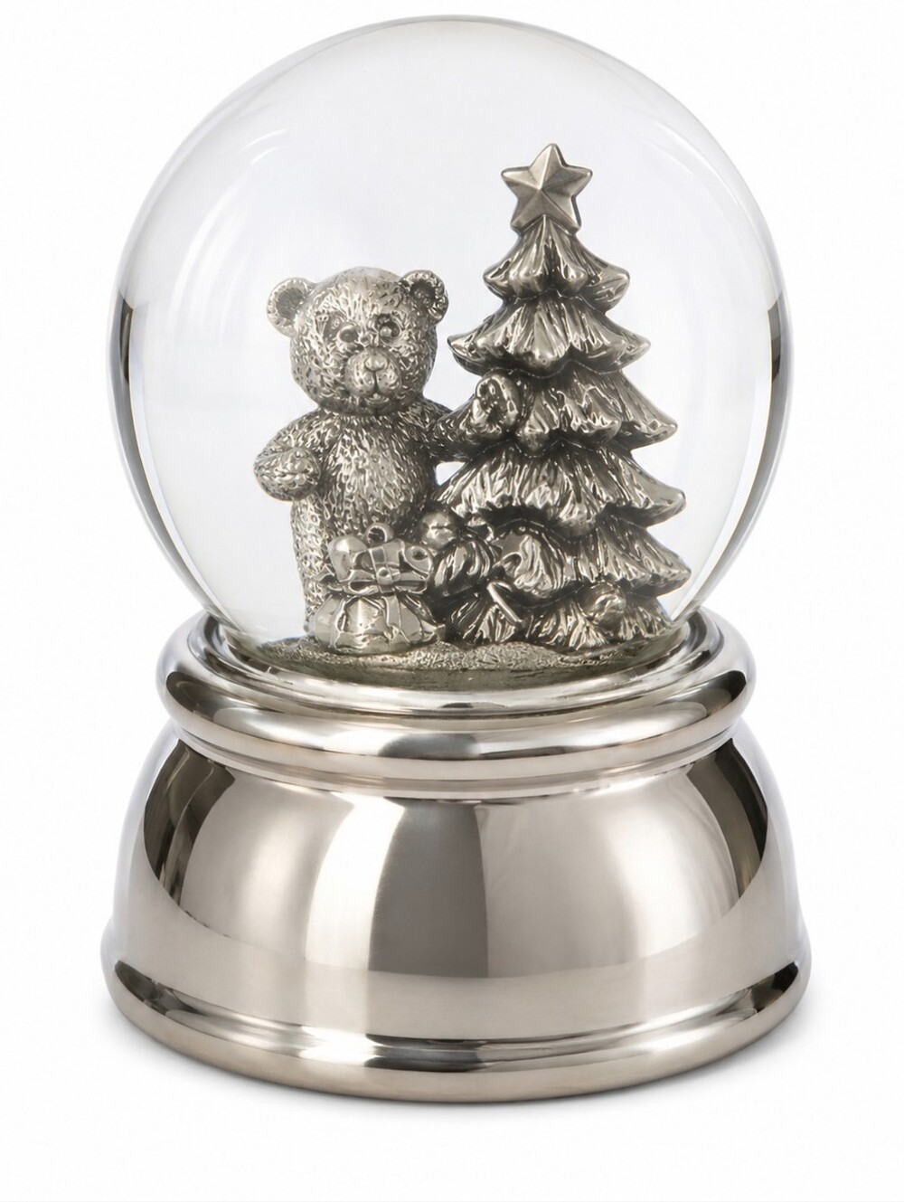 Teddy Bear Christmas Snow Globe Silver Tone Tree Holiday Decor